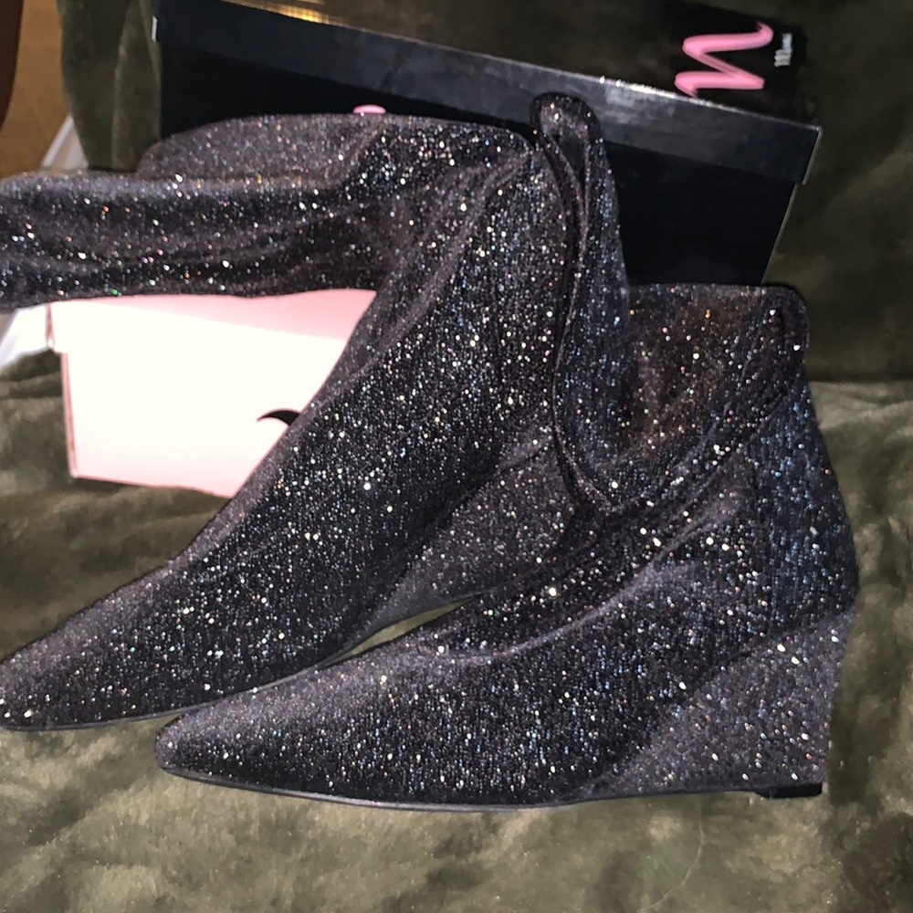 Free People sparkle stretch neoprene sock style wedge heeled booties.